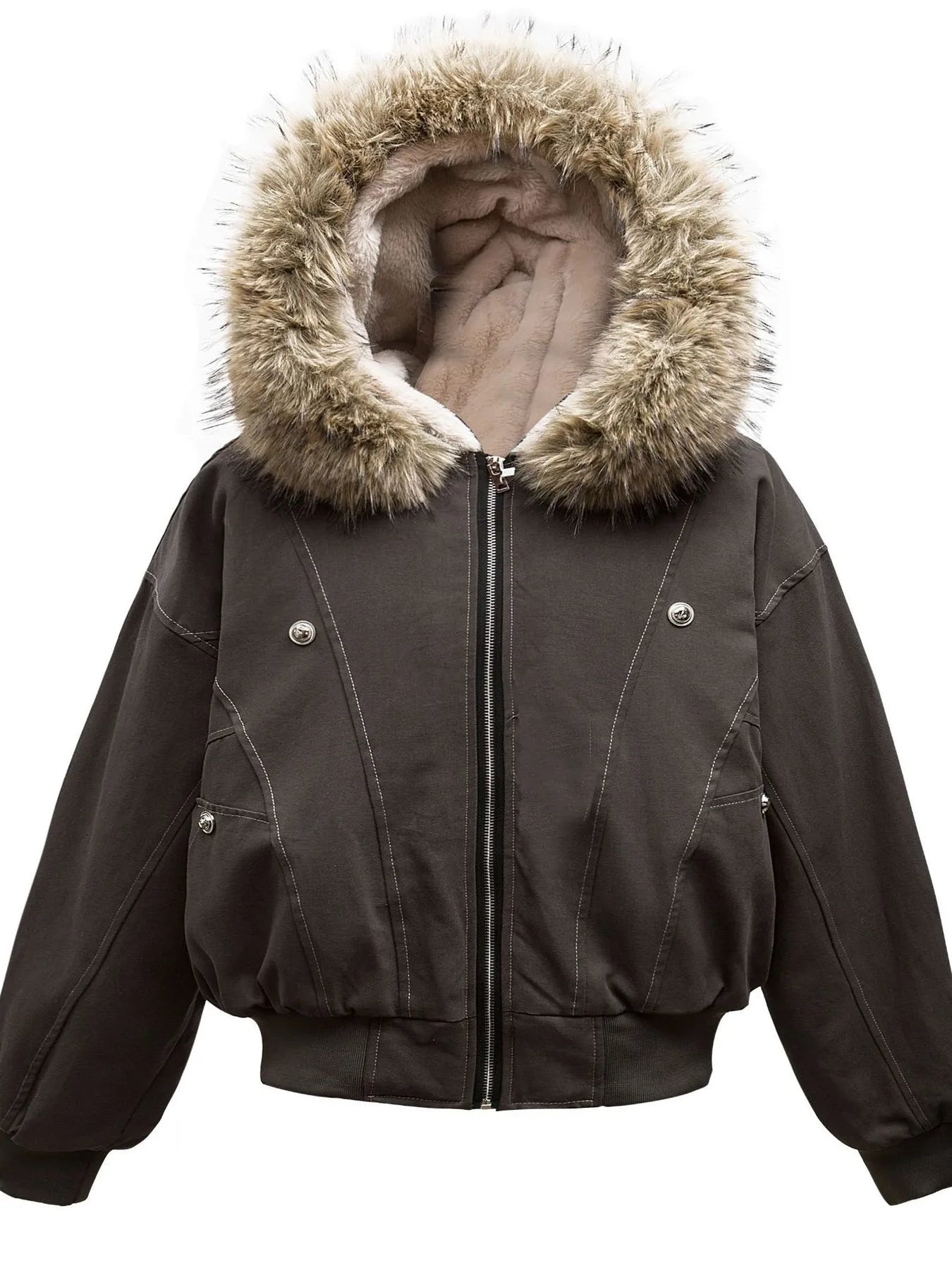 Faux Fur Hooded Zip Up Jacket
